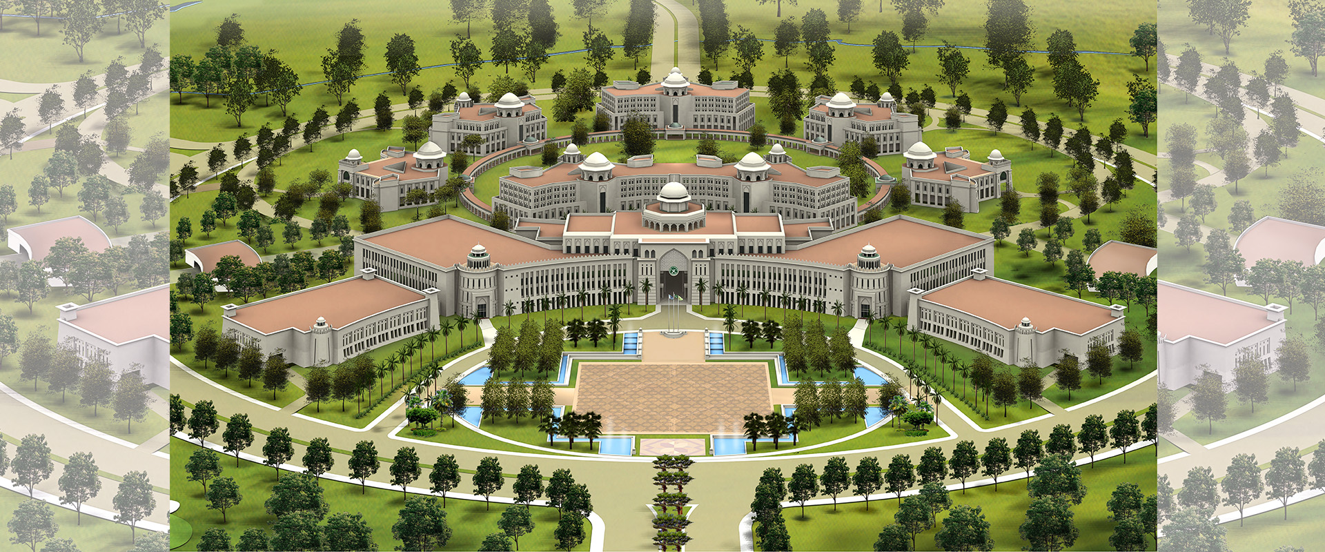 The master plan placed the GHQ complex as the focal point of the community with support facilities such as housing, retail, and commercial areas in the surrounding plots.