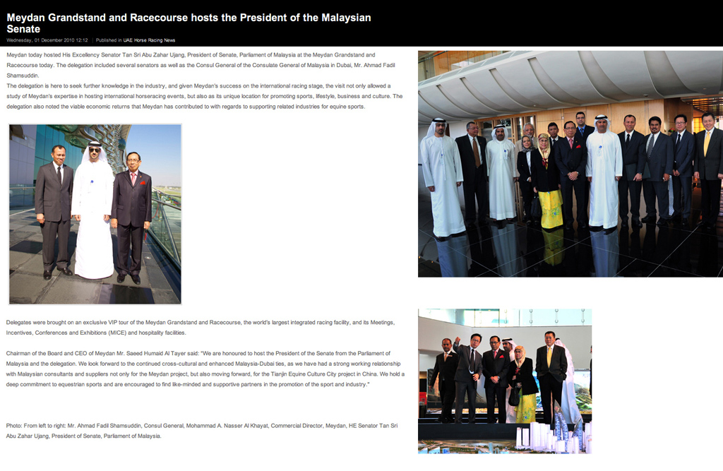 Meydan Grandstand and Racecourse hosts the President of the Malaysian Senate, HE Senator Tan Sri Abu Zahar Ujang