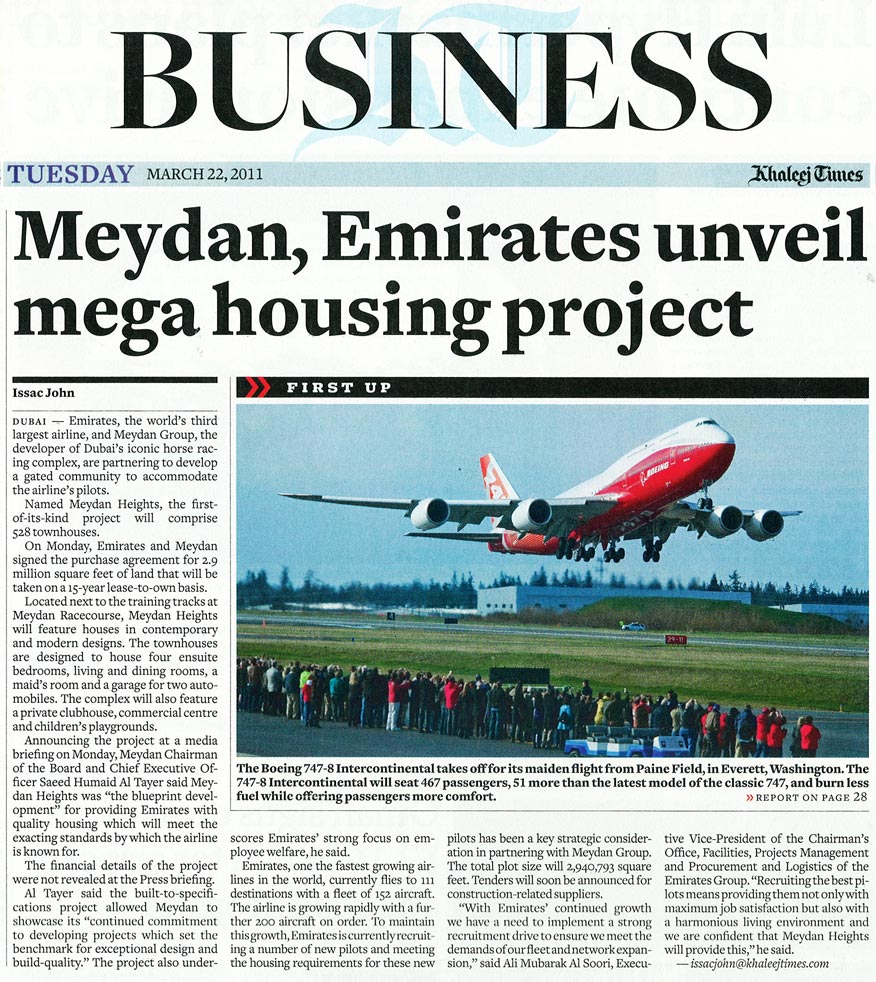 Meydan City set to host Emirates gated community in three years (Gulf News, Khaleej Times)