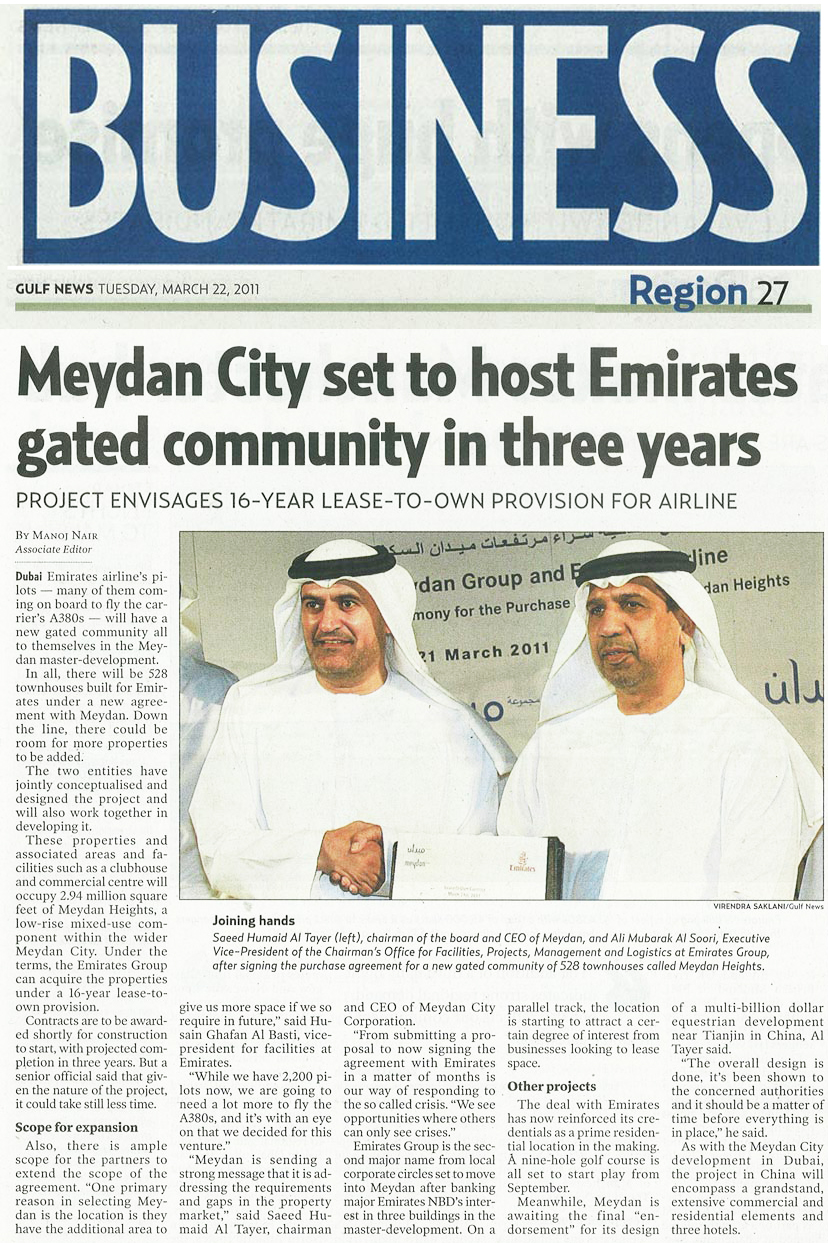Meydan City set to host Emirates gated community in three years (Gulf News, Khaleej Times)