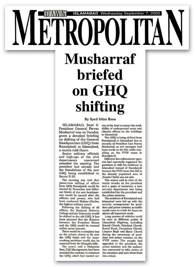 Musharraf  Briefed on GHQ Shifting ( Dawn, Pakistan )