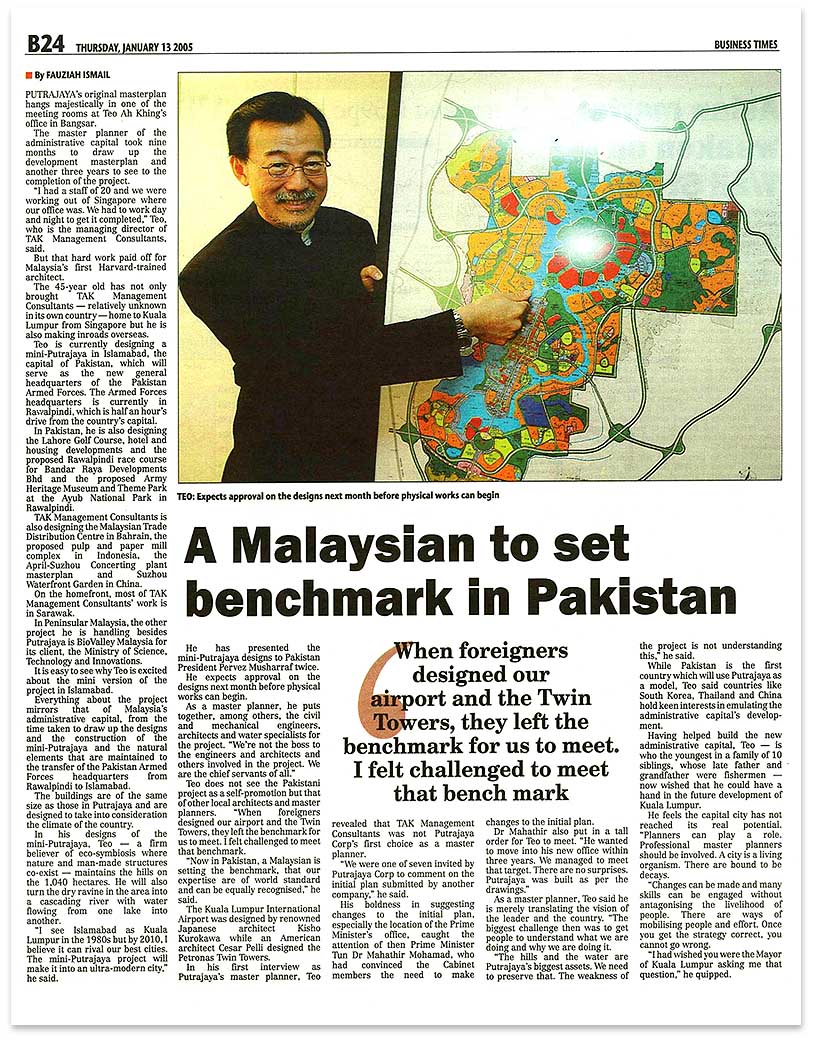 A  Mini-Putrajaya for Pakistan and a Malaysian to Set Benchmark in Pakistan  (New Straits  Times, Malaysi)