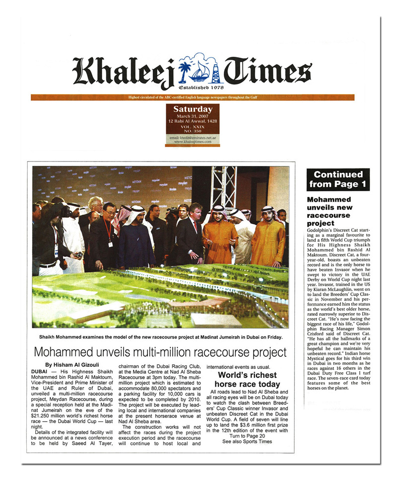 Mohammed  Unveils Multi-Million Racecourse Project (Khaleej Times, Dubai)